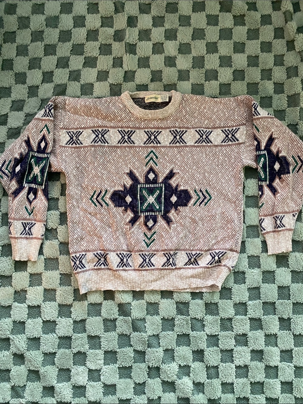 St. John's Bay Beige Crewneck Sweater with Navy & Green Geometric Pattern